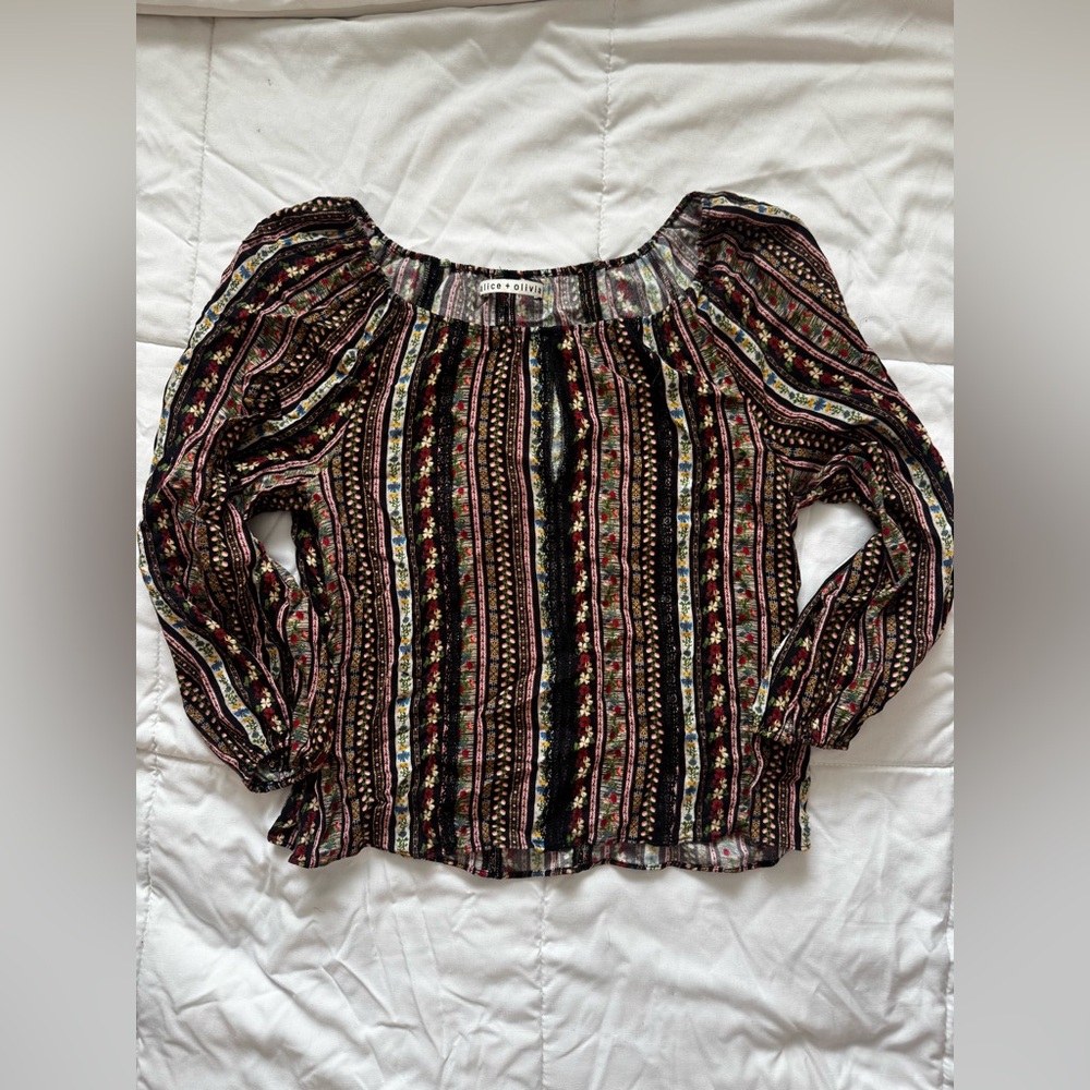 Alice & Olivia SMALL Boho Floral Off-Shoulder Long Sleeve Top - Black Multi